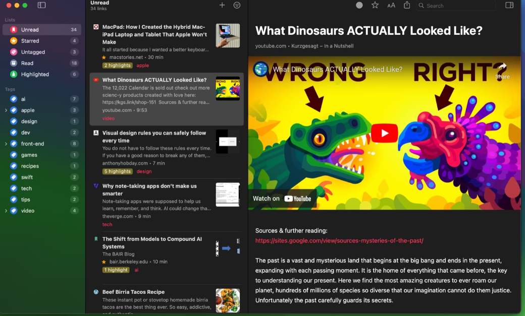 Auto-generated description: A list of highlighted articles is shown on the left, while a colorful illustration of two dinosaurs, accompanied by the text What Dinosaurs ACTUALLY Looked Like? from a YouTube video, is displayed on the right.